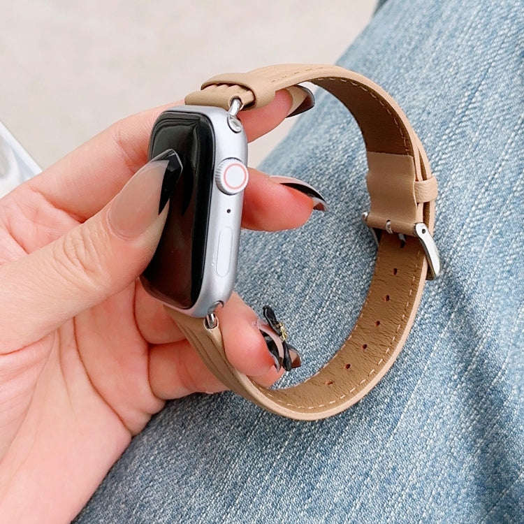 Embossed Line Genuine Leather Watch Band For Apple Watch 4 40mm(Khaki)