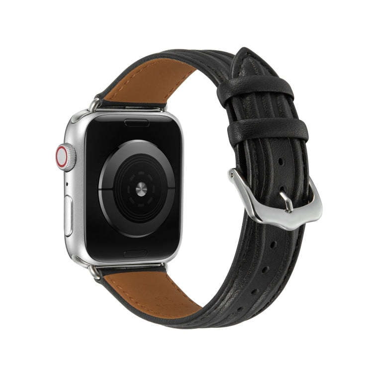 Embossed Line Genuine Leather Watch Band For Apple Watch SE 2023 40mm(Black)