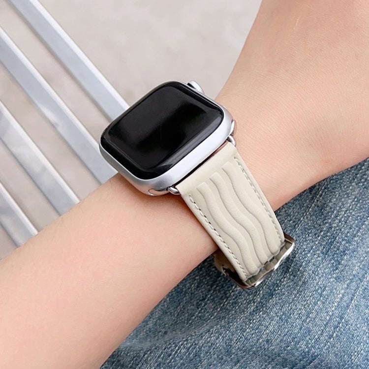 Embossed Line Genuine Leather Watch Band For Apple Watch SE 2023 40mm(Milky White)