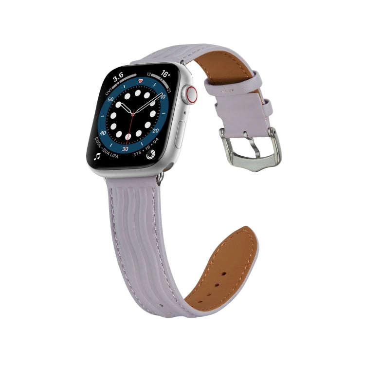 Embossed Line Genuine Leather Watch Band For Apple Watch 9 41mm(Lavender Purple)