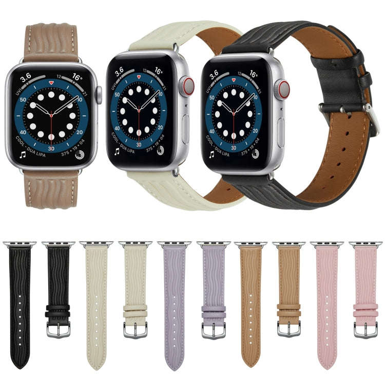 Embossed Line Genuine Leather Watch Band For Apple Watch 6 40mm(Black)