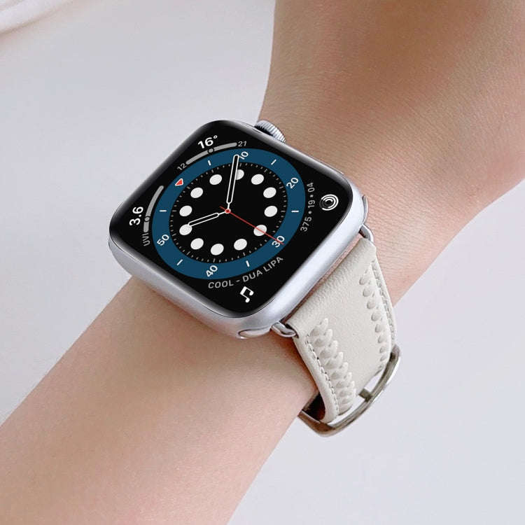 Embossed Love Genuine Leather Watch Band For Apple Watch 5 44mm(Milky White)
