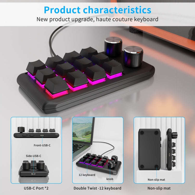 USB Wired 12KV2 MOLD Mini Mechanical 12 Keys 2 Knob Custom Programming Keyboard(Black)