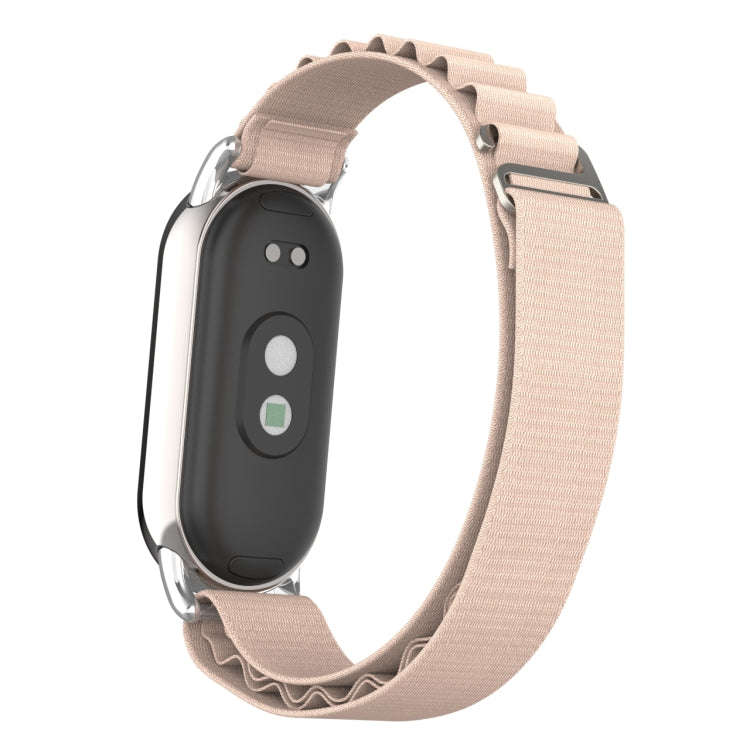 For Xiaomi Mi Band 8 Metal Plug Loop Nylon Watch Band(Silver+Apricot)