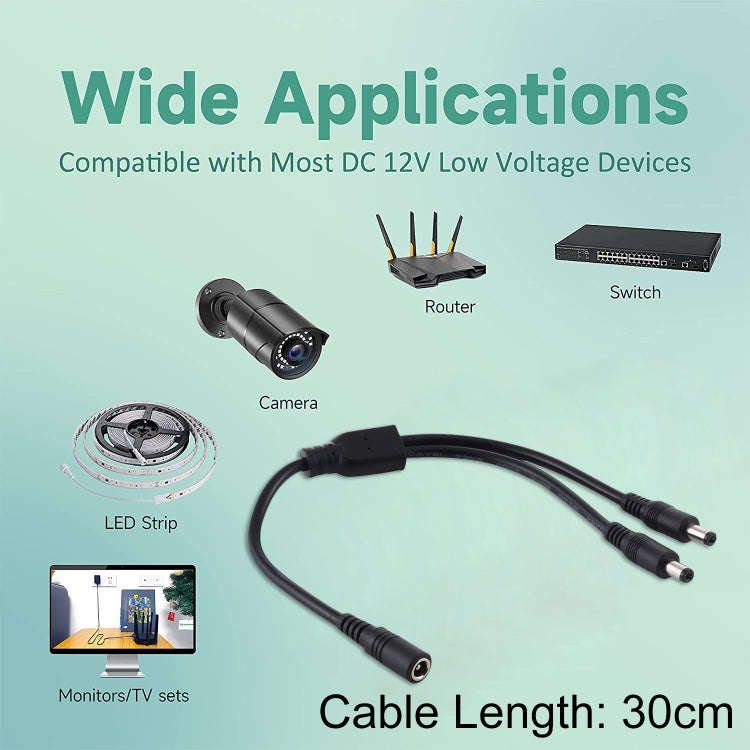 5.5 x 2.1mm 1 to 2 Female to Male Plug DC Power Splitter Adapter Power Cable, Cable Length: 30cm(...