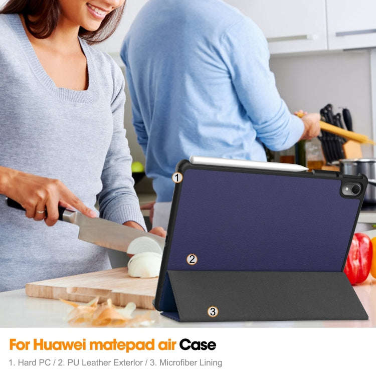 For Huawei Matepad Air Custer Pure Color 3-Fold Holder Smart Leather Tablet Case(Dark Blue)