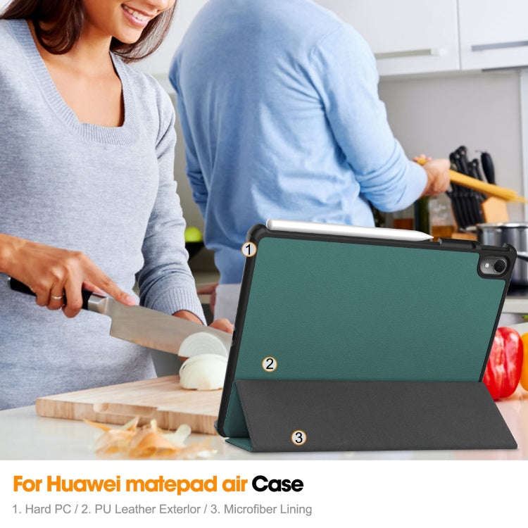 For Huawei Matepad Air Custer Pure Color 3-Fold Holder Smart Leather Tablet Case(Dark Green)