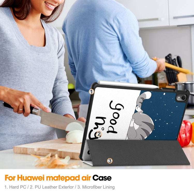For Huawei Matepad Air Custer Painted 3-Fold Holder Smart Leather Tablet Case(Lazy Cat)