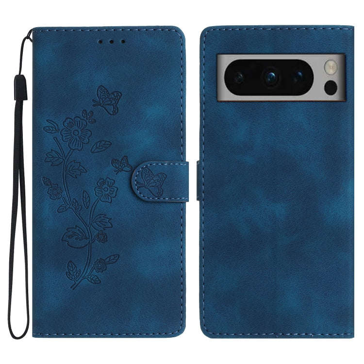 For Google Pixel 8 Pro Flower Butterfly Embossing Pattern Leather Phone Case(Blue)