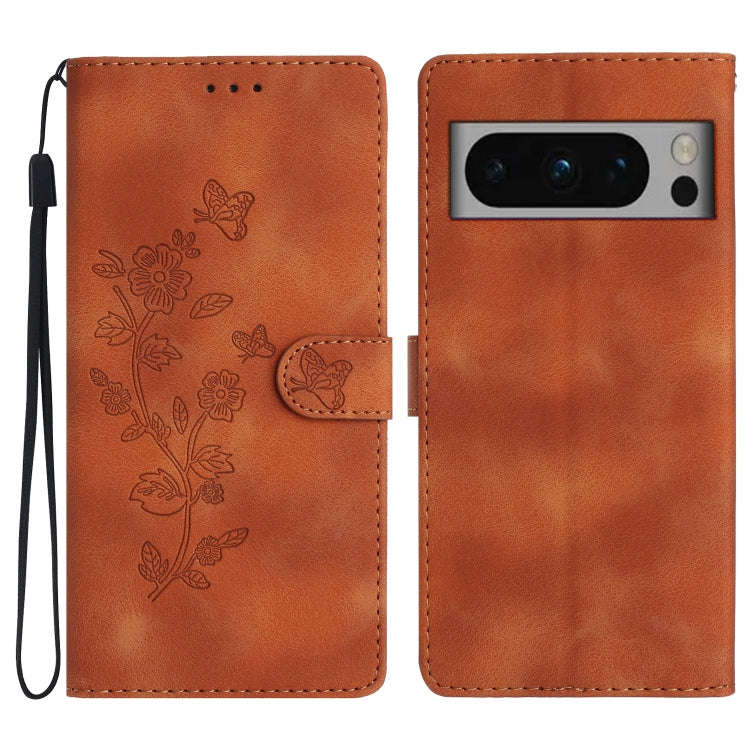 For Google Pixel 8 Pro Flower Butterfly Embossing Pattern Leather Phone Case(Brown)