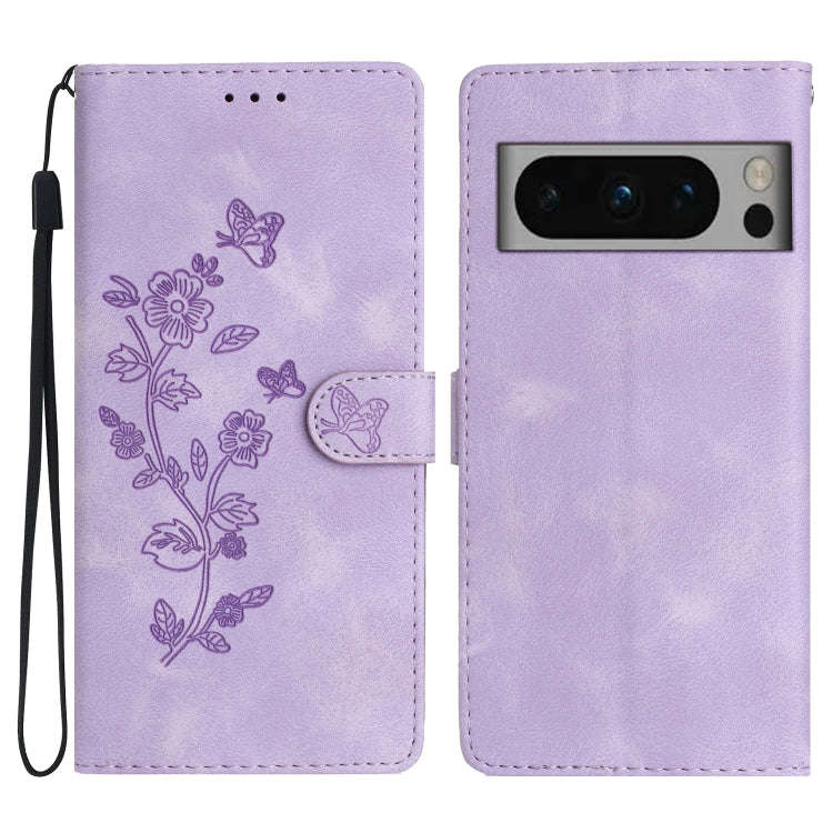 For Google Pixel 8 Pro Flower Butterfly Embossing Pattern Leather Phone Case(Purple)