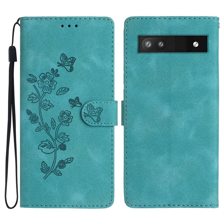For Google Pixel 7a Flower Butterfly Embossing Pattern Leather Phone Case(Sky Blue)