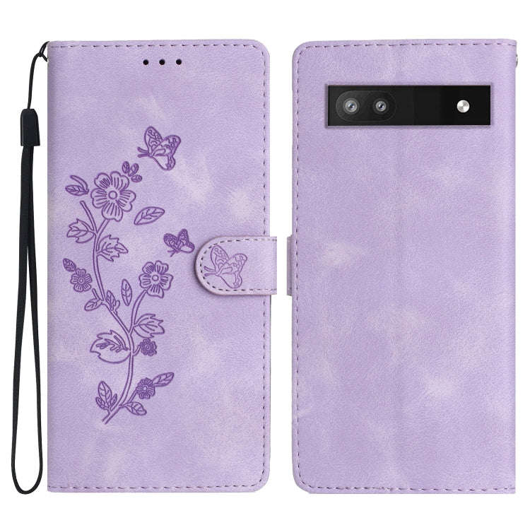 For Google Pixel 7a Flower Butterfly Embossing Pattern Leather Phone Case(Purple)