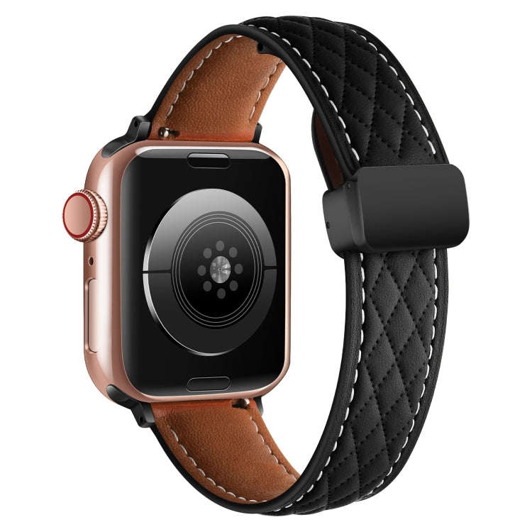 For Apple Watch 9 41mm Folding Buckle Rhombus Leather Watch Band(Black)