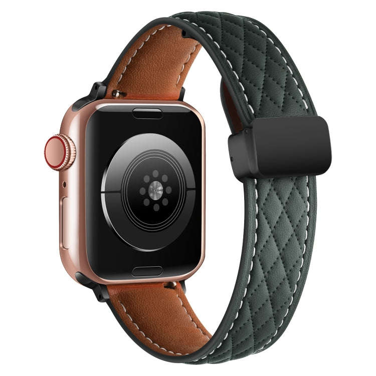 For Apple Watch 9 41mm Folding Buckle Rhombus Leather Watch Band(Green)