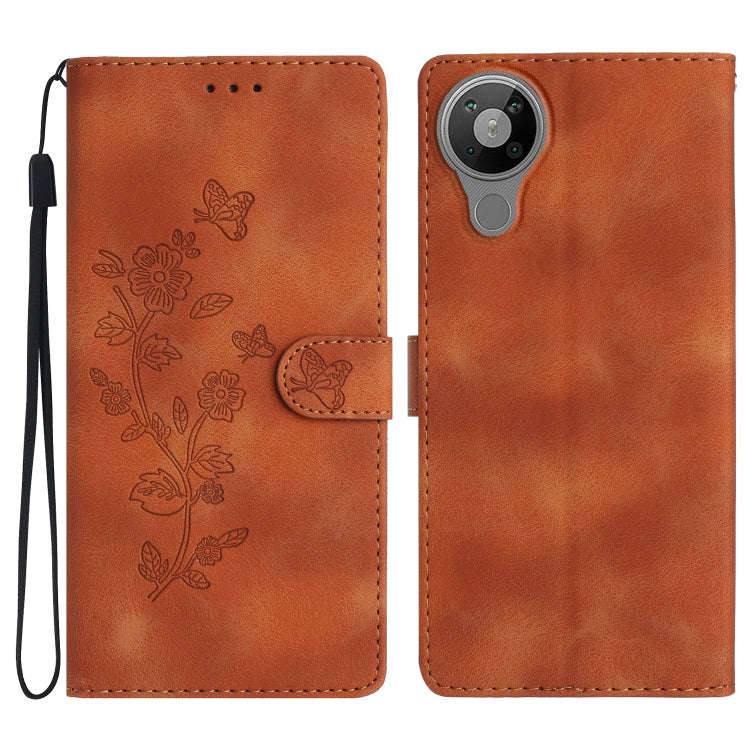 For Nokia 5.3 Flower Butterfly Embossing Pattern Leather Phone Case(Brown)