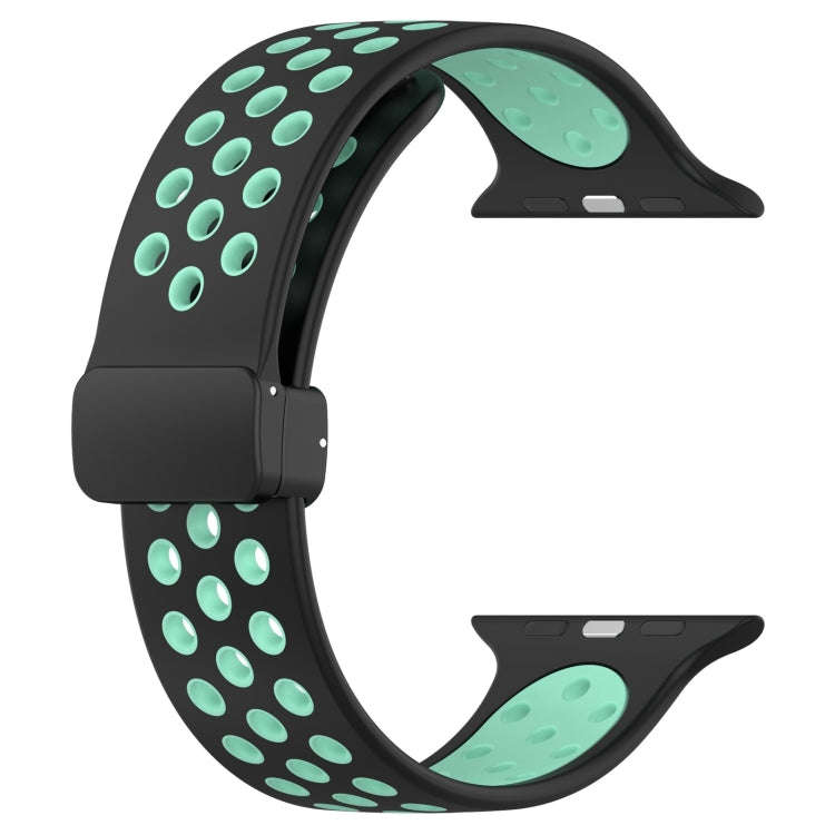 For Apple Watch SE 2023 44mm Magnetic Buckle Silicone Watch Band(Black Cyan)