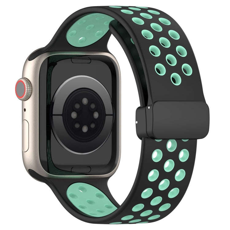 For Apple Watch SE 2023 44mm Magnetic Buckle Silicone Watch Band(Black Cyan)