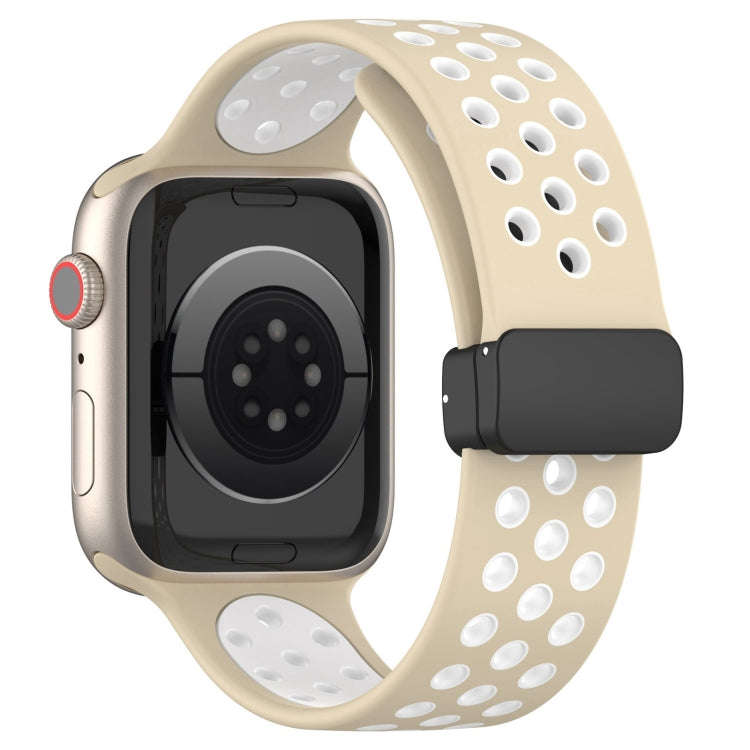 For Apple Watch Series 9 45mm Magnetic Buckle Silicone Watch Band(Khaki White)