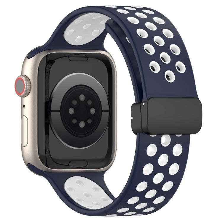 For Apple Watch Series 9 41mm Magnetic Buckle Silicone Watch Band(Navy White)