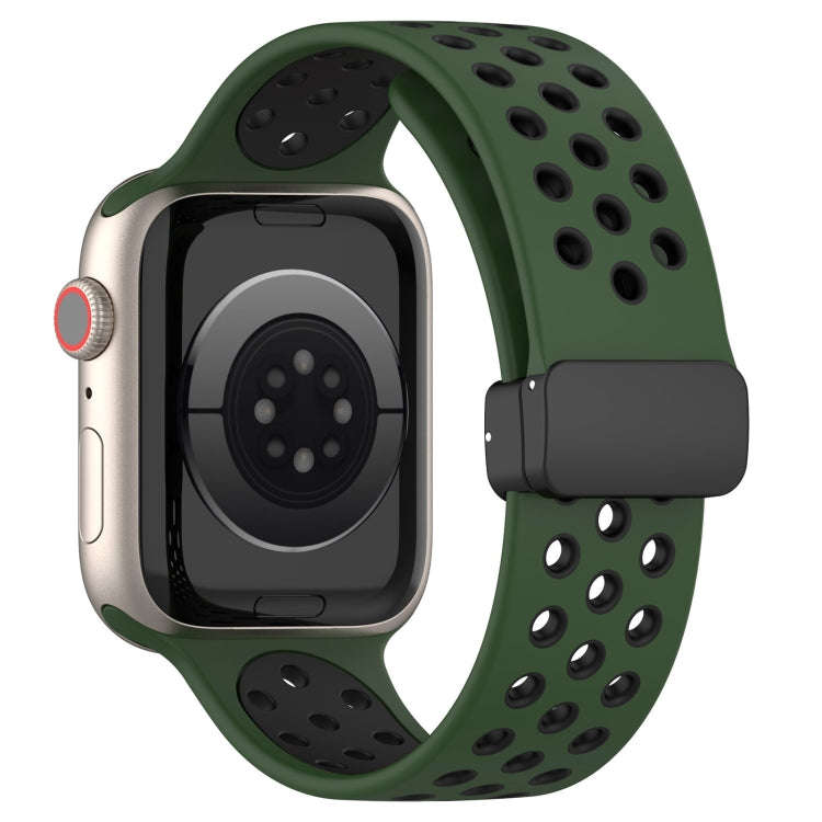 For Apple Watch Series 9 41mm Magnetic Buckle Silicone Watch Band(Army Green Black)