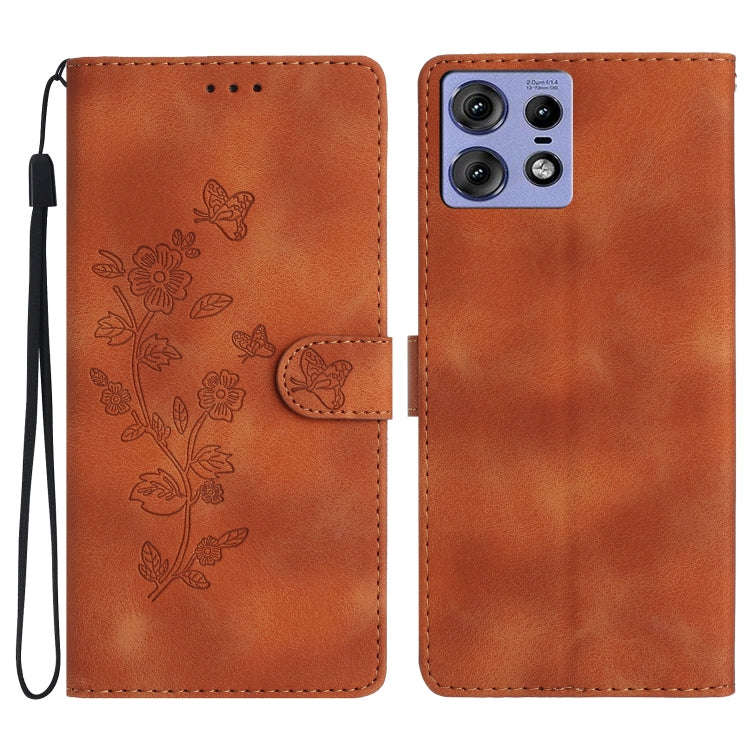 For Motorola Edge 50 Pro Flower Butterfly Embossing Pattern Leather Phone Case(Brown)