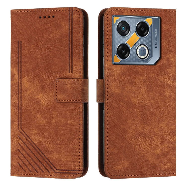 For Infinix GT 20 Pro Skin Feel Stripe Pattern Leather Phone Case with Lanyard(Brown)