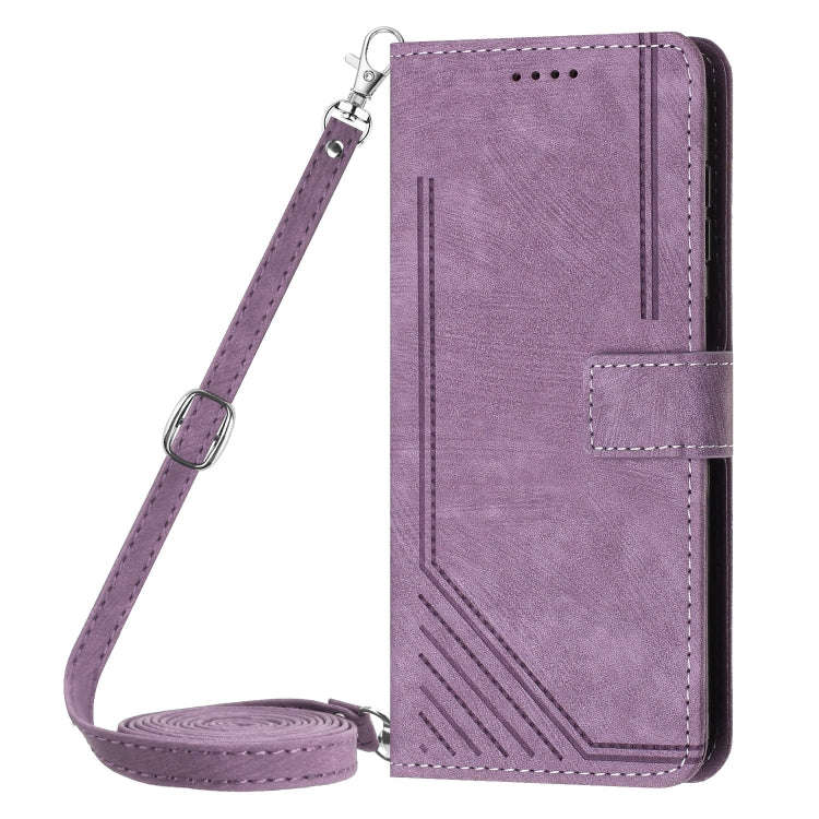 For Infinix GT 20 Pro Skin Feel Stripe Pattern Leather Phone Case with Lanyard(Purple)