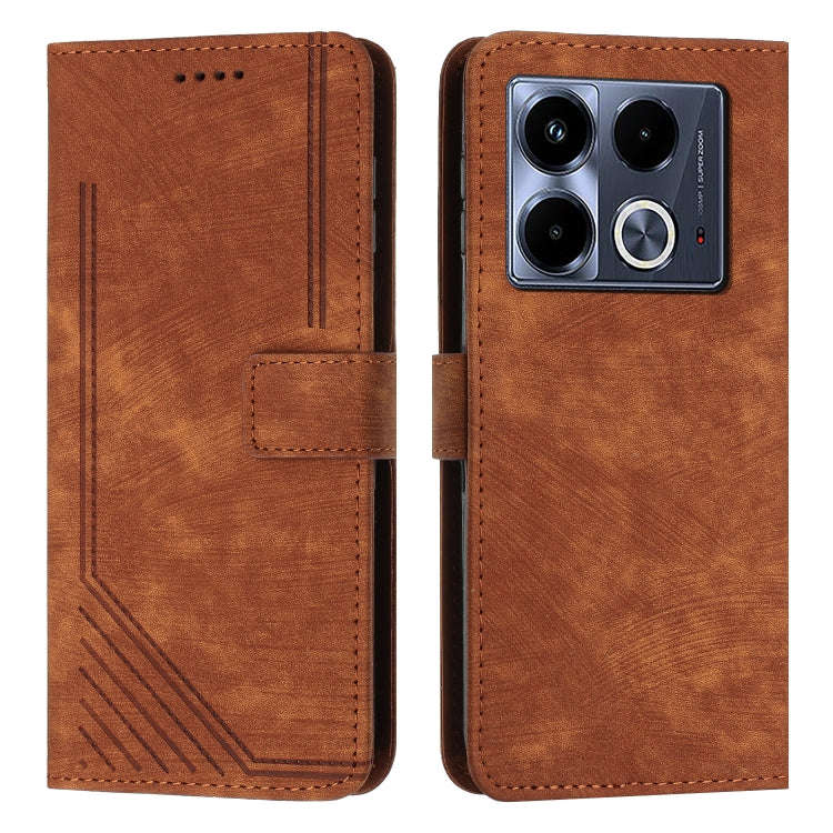 For Infinix Note 40 5G Skin Feel Stripe Pattern Leather Phone Case with Lanyard(Brown)