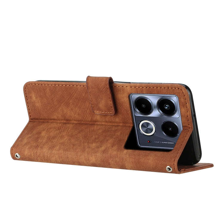 For Infinix Note 40 5G Skin Feel Stripe Pattern Leather Phone Case with Lanyard(Brown)