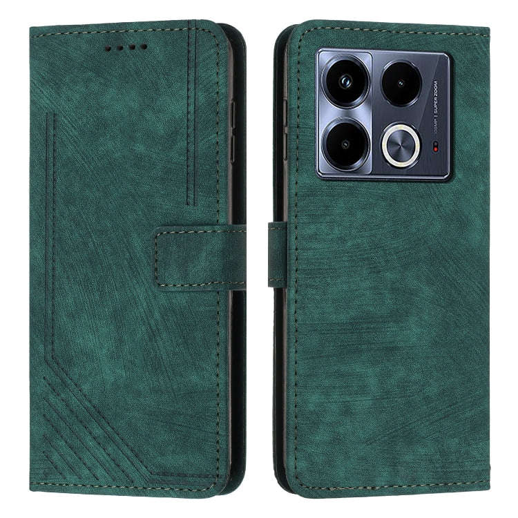 For Infinix Note 40 5G Skin Feel Stripe Pattern Leather Phone Case with Lanyard(Green)