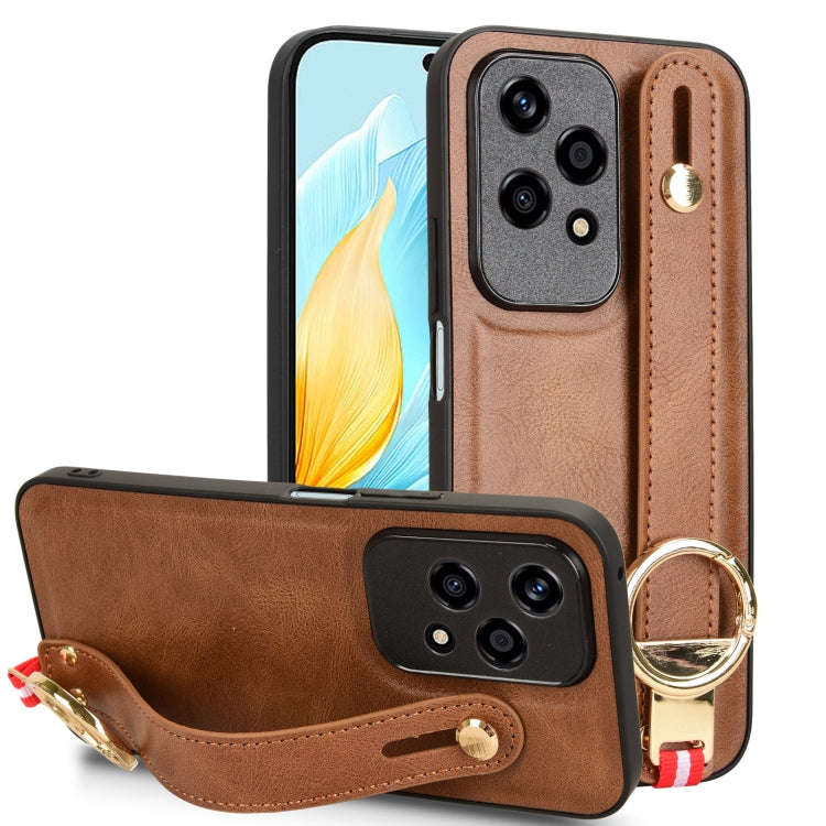 For Honor 200 Lite Global Wristband Leather Back Phone Case(Brown)