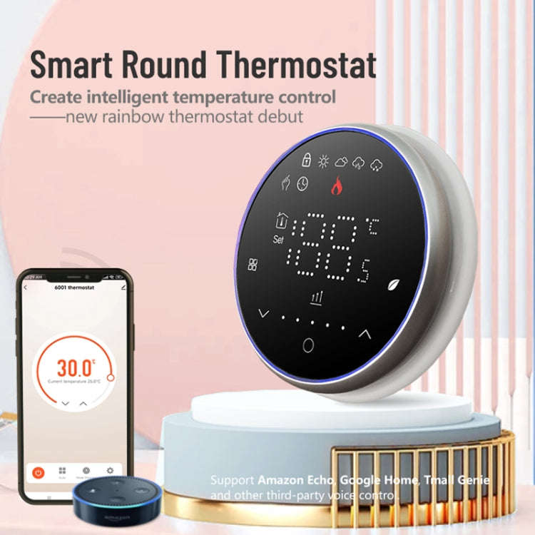 BHT-6001GCL 95-240V AC 5A Smart Round Thermostat Boiler Heating LED Thermostat Without WiFi(White)