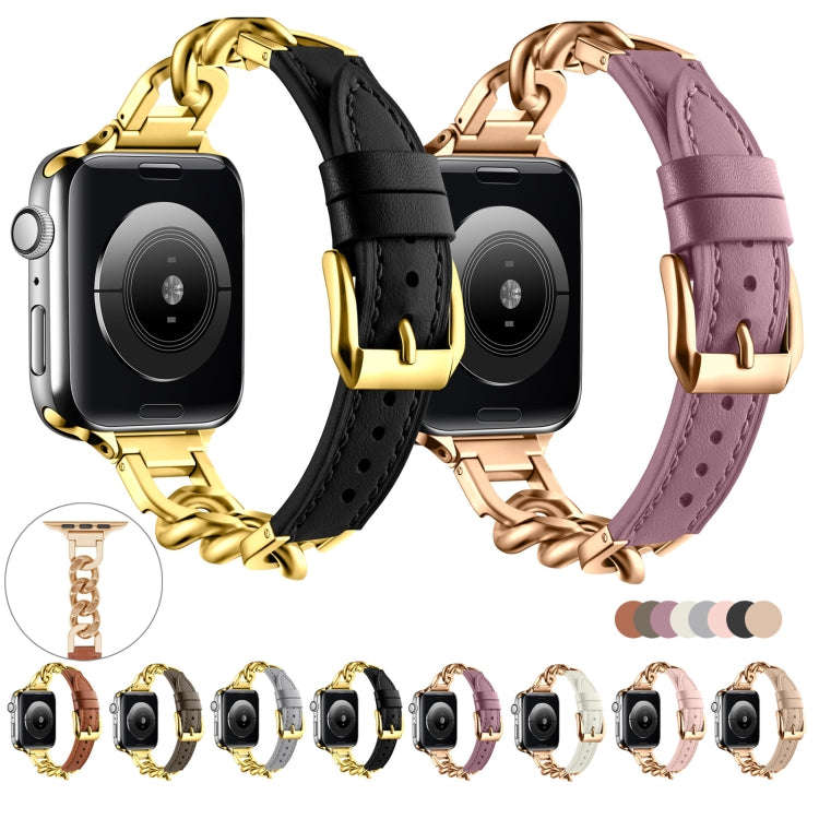 For Apple Watch Series 9 45mm Chain Genuine Leather Watch Band, Size: L(Gold Brown)