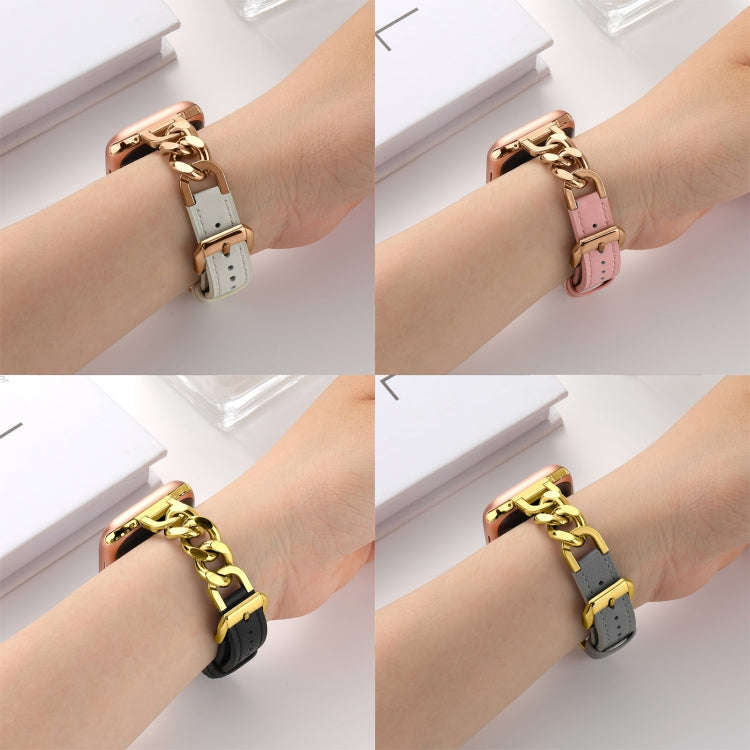 For Apple Watch Series 9 45mm Chain Genuine Leather Watch Band, Size: L(Rose Gold Pink)