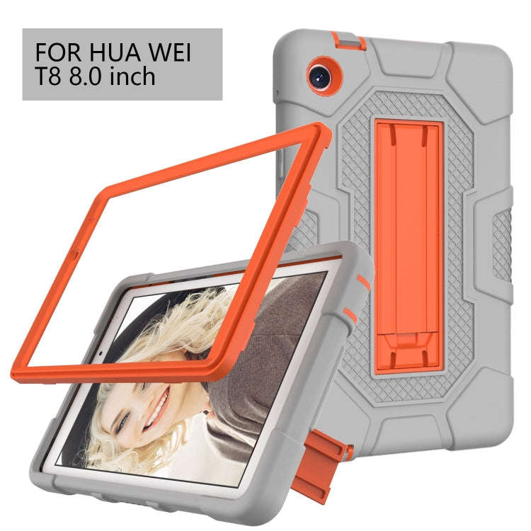 For Huawei MatePad T8 Contrast Color Robot B3 Silicone Hybrid PC Tablet Case with Holder(Grey Ora...