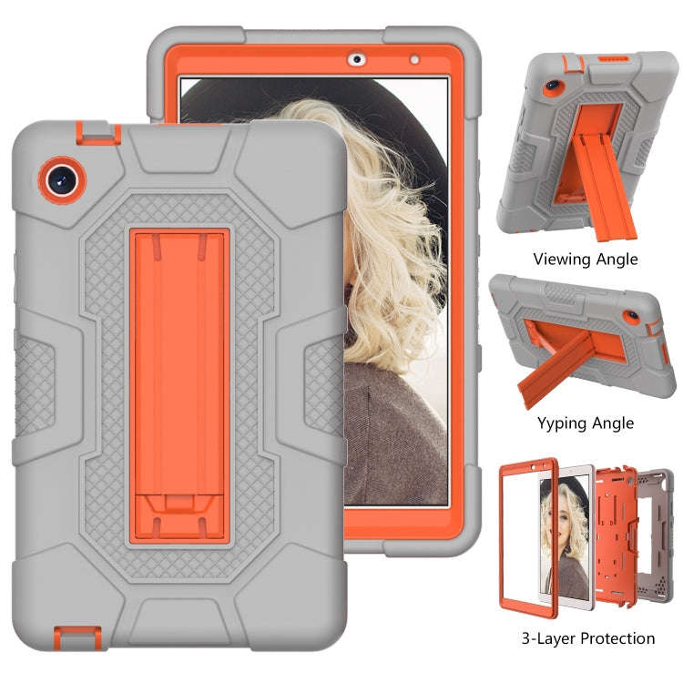 For Huawei MatePad T8 Contrast Color Robot B3 Silicone Hybrid PC Tablet Case with Holder(Grey Ora...