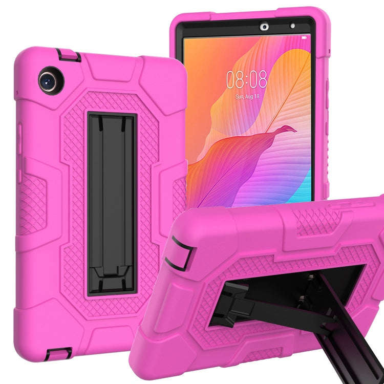 For Huawei MatePad T8 Contrast Color Robot B3 Silicone Hybrid PC Tablet Case with Holder(Rose Red...