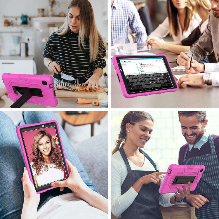 For Huawei MatePad T8 Contrast Color Robot B3 Silicone Hybrid PC Tablet Case with Holder(Rose Red...