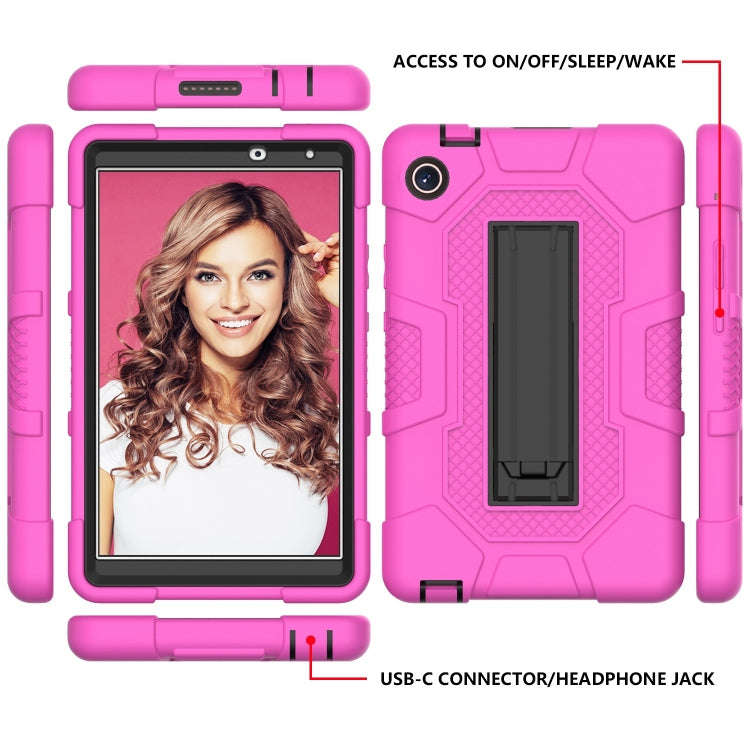 For Huawei MatePad T8 Contrast Color Robot B3 Silicone Hybrid PC Tablet Case with Holder(Rose Red...