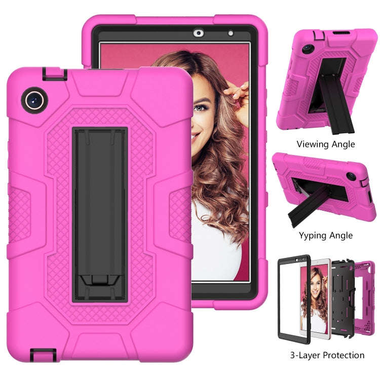 For Huawei MatePad T8 Contrast Color Robot B3 Silicone Hybrid PC Tablet Case with Holder(Rose Red...