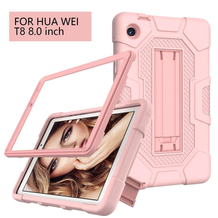 For Huawei MatePad T8 Contrast Color Robot B3 Silicone Hybrid PC Tablet Case with Holder(Rose Gold)