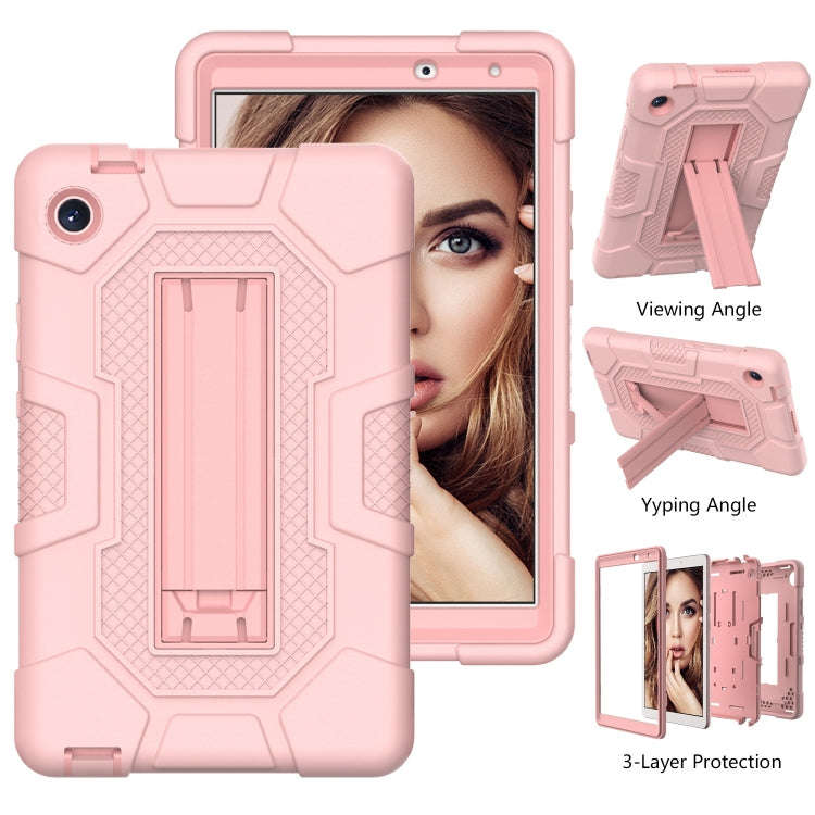 For Huawei MatePad T8 Contrast Color Robot B3 Silicone Hybrid PC Tablet Case with Holder(Rose Gold)