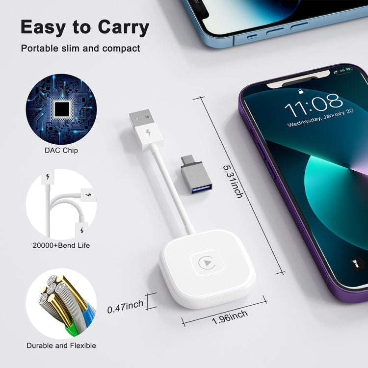 USB + USB-C / Type-C Wired to Wireless Carplay Adapter for iPhone(White)