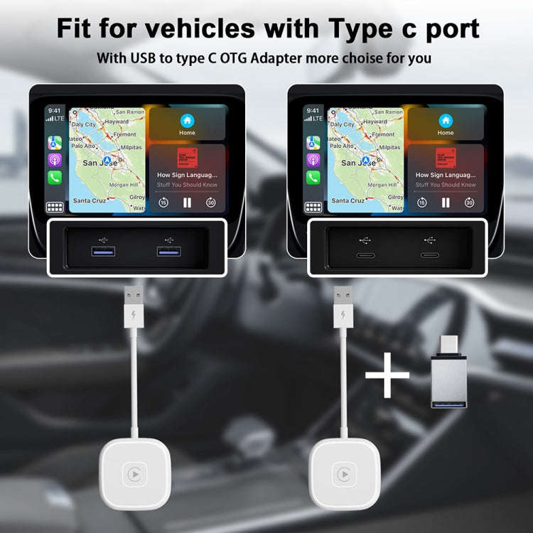 USB + USB-C / Type-C Wired to Wireless Carplay Adapter for iPhone(White)