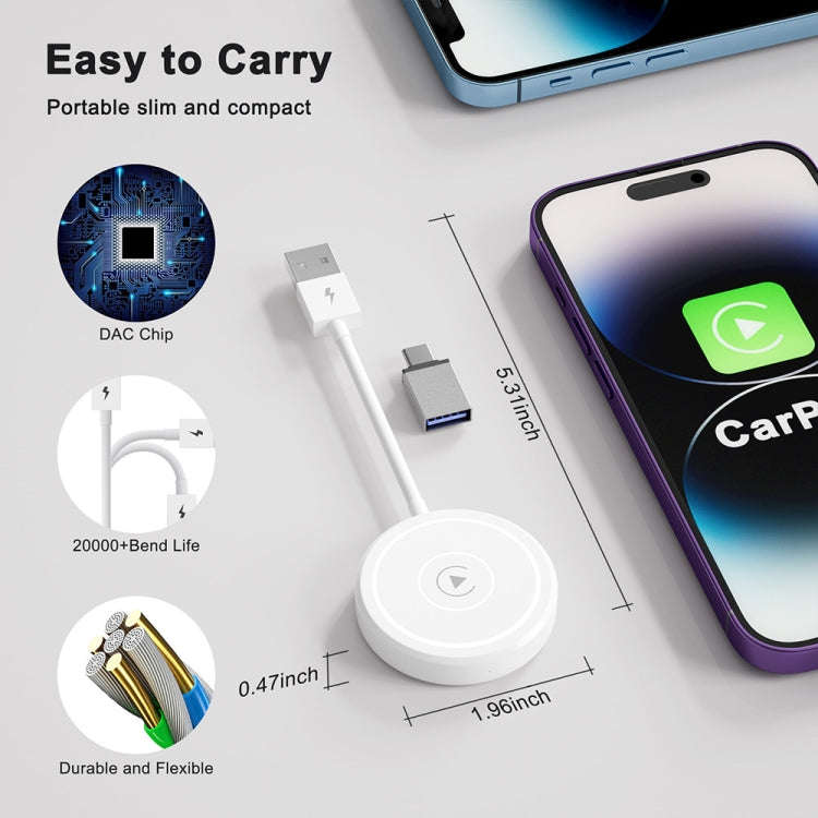 USB + USB-C / Type-C Wired to Wireless Carplay Adapter for iPhone(White)
