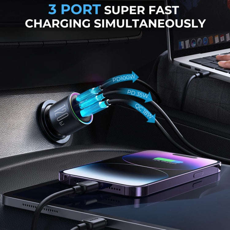 JOYROOM JR-CCN07 120W Dual PD+QC3.0 3-Port Car Charger(Dark Gray)