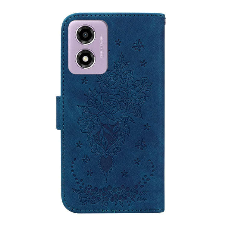 For Motorola Moto G04s / Moto E14 Butterfly Rose Embossed Leather Phone Case(Blue)