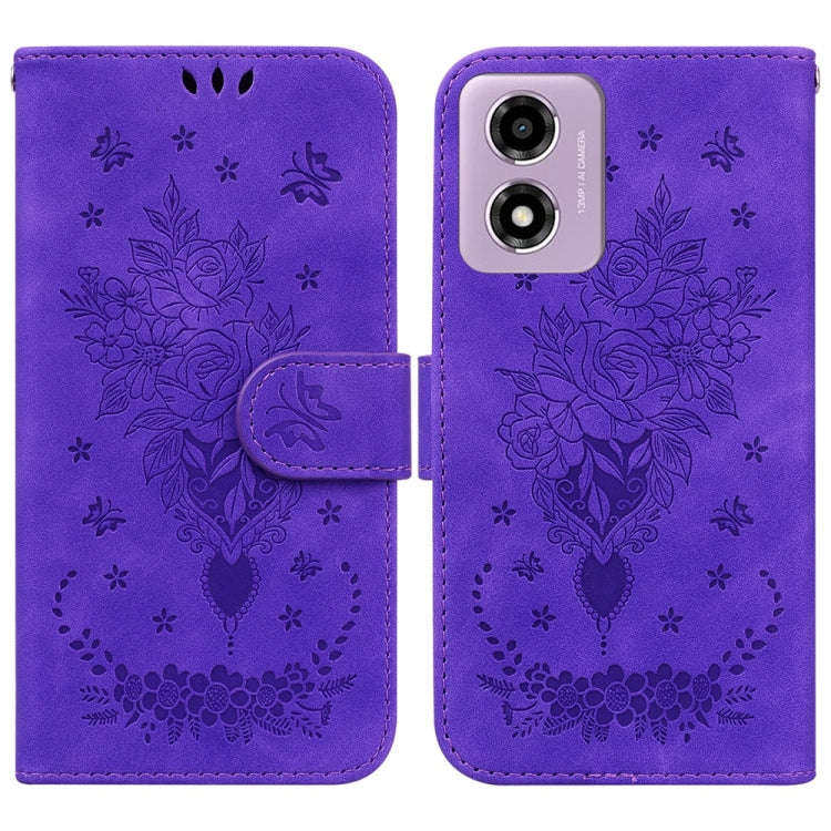 For Motorola Moto G04s / Moto E14 Butterfly Rose Embossed Leather Phone Case(Purple)