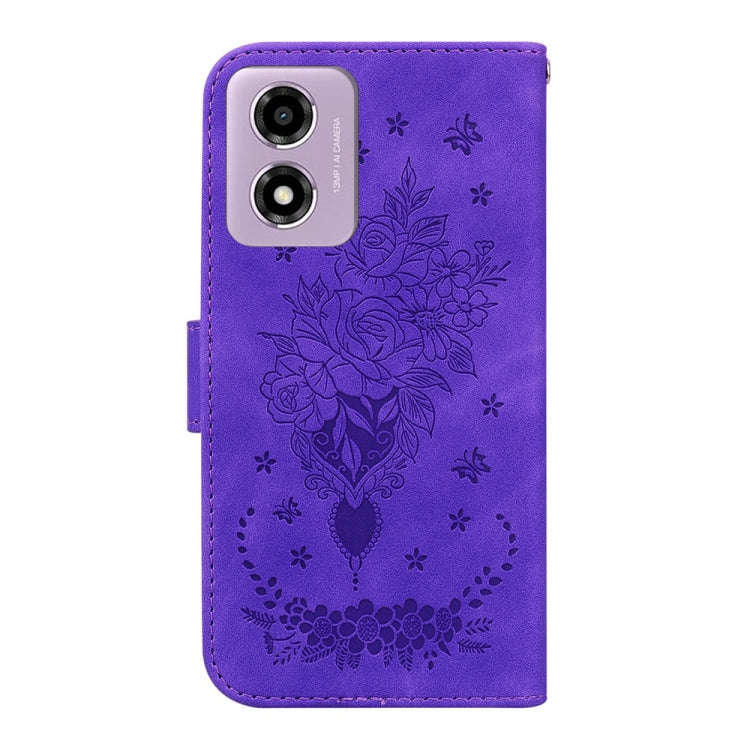 For Motorola Moto G04s / Moto E14 Butterfly Rose Embossed Leather Phone Case(Purple)